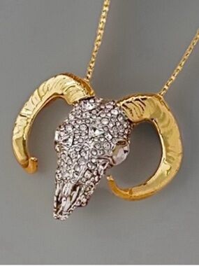 ALEXIS BITTAR Silver Gold Western Crystal Ram Head Skull Horn Necklace